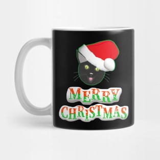 Merry Christmas Smiling Cat Wearing a Santa Claus Hat (Text on Bottom) Mug